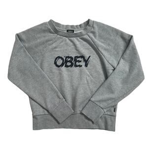 Obey Womens S Crewneck Reverse Weave Cotton Gray Spellout No 89